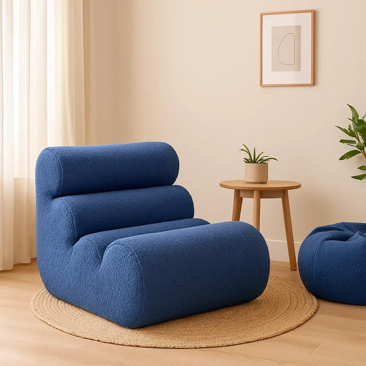 BambooLoom Single Floor Sofa – Blue Bouclé Compression Chair for Cozy Corners