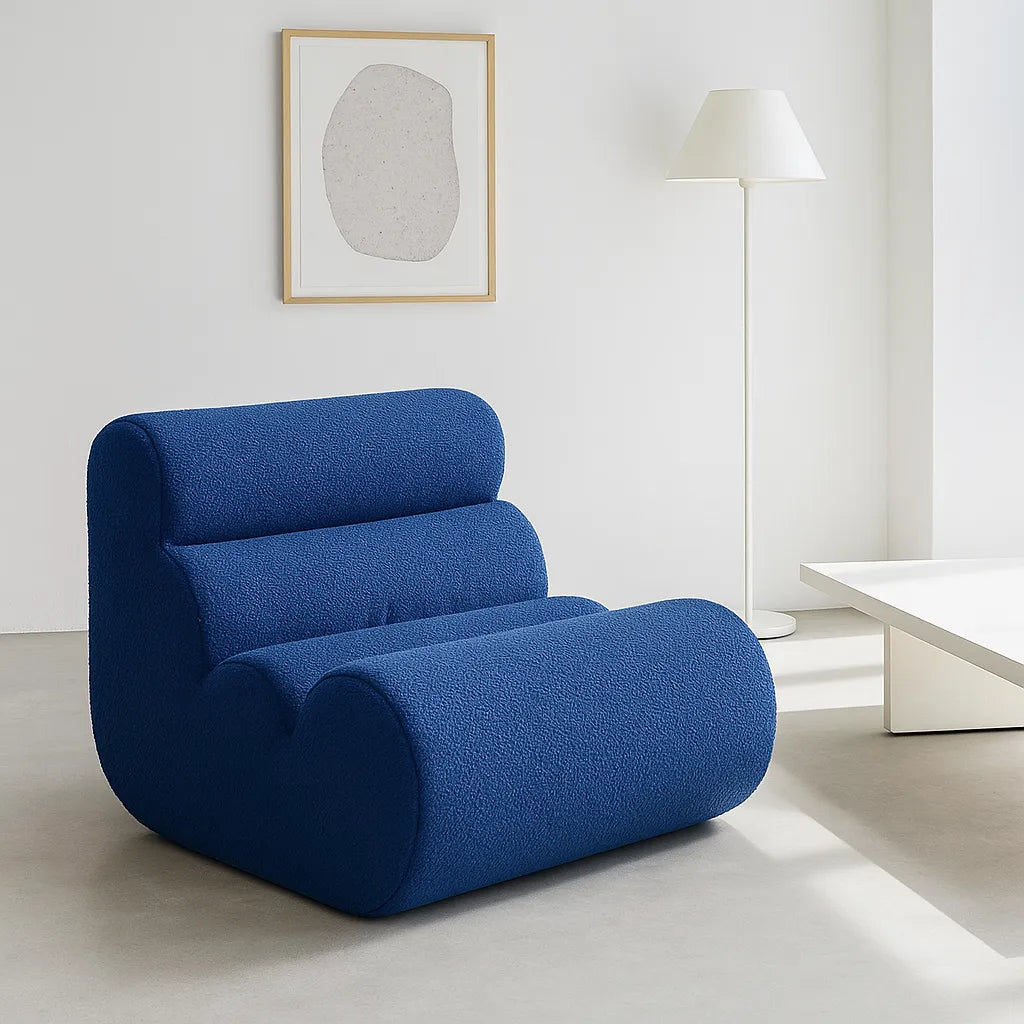 BambooLoom Single Floor Sofa – Blue Bouclé Compression Chair for Cozy Corners